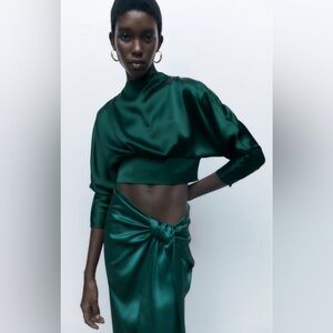NWT Zara Emerald Green Knotted Satin Skirt